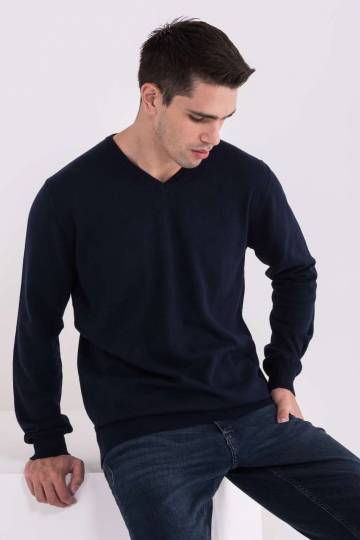 Men’S V-Neck Fine Gauge Cotton Pullover
