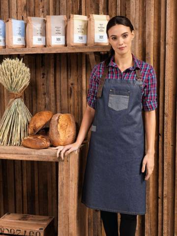 'division' Waxed Look Denim Bib Apron With Faux Leather